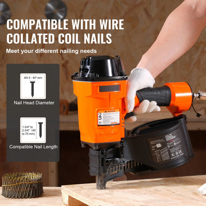 KFFKFF Pneumatic Coil Siding Nailer MCN70, Compatible with 1-3/4" to 2-3/4" Nails, 15 Degree Angle, 70-120PSI, Ideal for Pallets, Crates, Frames, Siding & Fences
