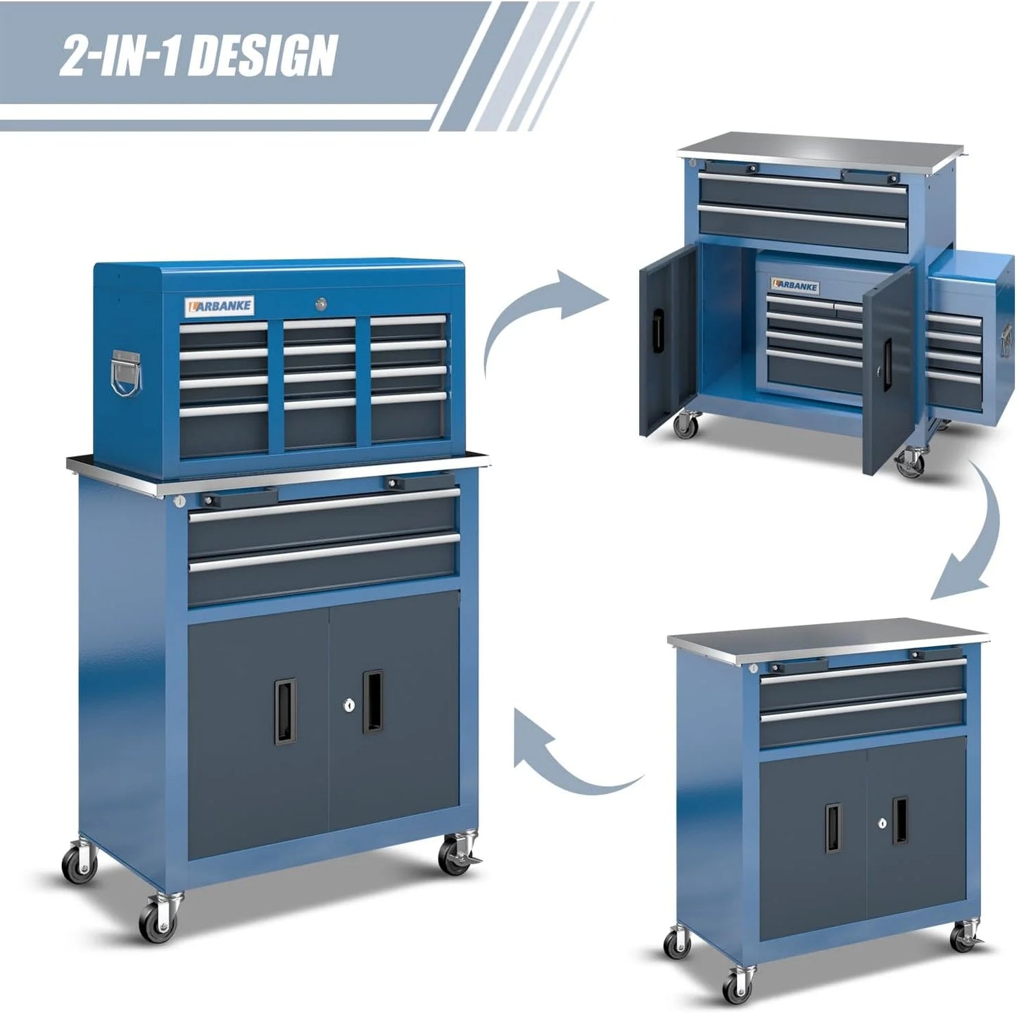8-Drawer Rolling Tool Chest with Wheels and Door, Sliding Drawer, Stainless Steel Countertop, Large Workbench Forming Tool Chest for Garage Workshop