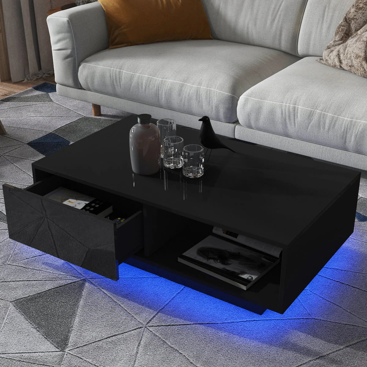 Hommpa High Gloss Black Coffee Table with 2 Drawers LED Sofa Side End Tea Table Modern Living Room Furniture with Storage Space