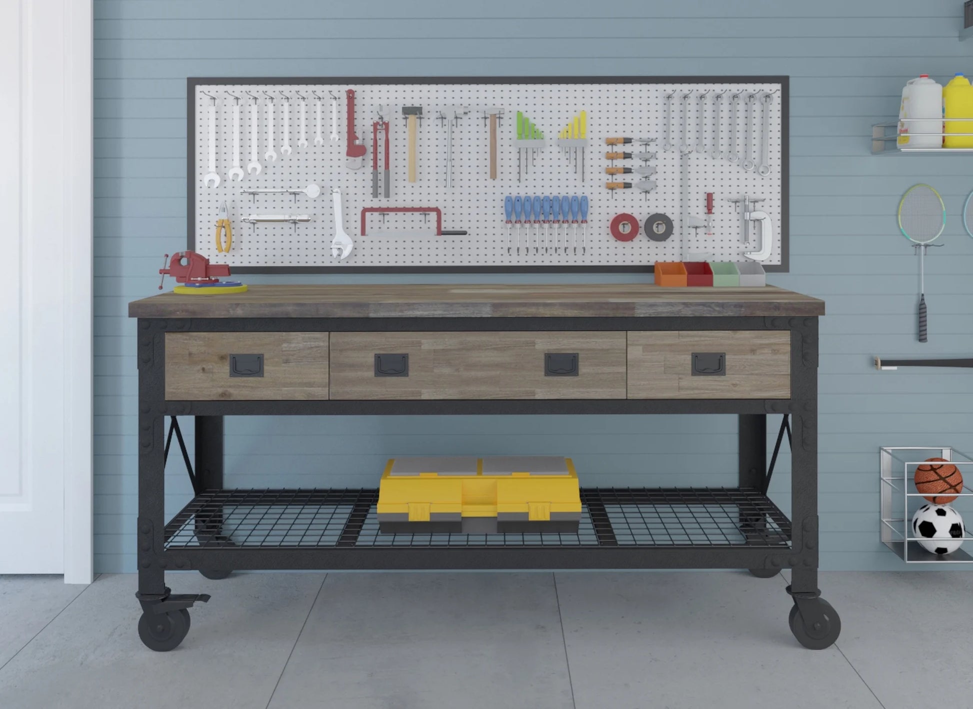 72 In x 24 In. 3 Drawer Rolling Industrial Workbench with Wood Top - Aged Macadamia