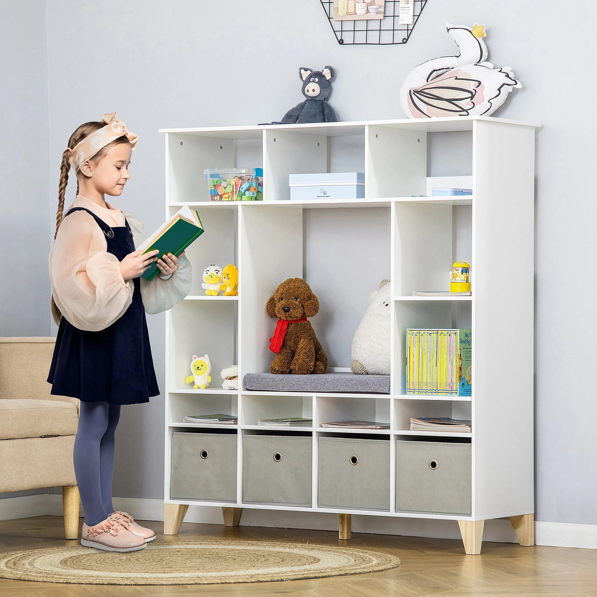 HOMCOM 47" Kids Reading Nook Bookshelf Storage Organizer Toy Cabinet Seat, White