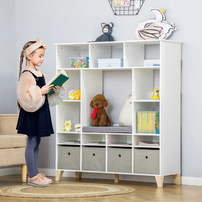 HOMCOM 47" Kids Reading Nook Bookshelf Storage Organizer Toy Cabinet Seat, White