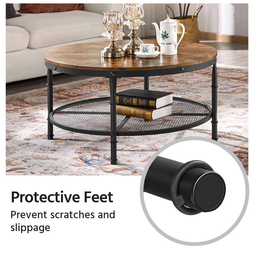 Smilemart Modern Round Metal Coffee Table with Storage Shelf, Rustic Brown