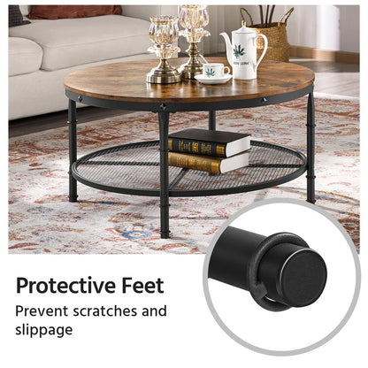 Smilemart Modern Round Metal Coffee Table with Storage Shelf, Rustic Brown