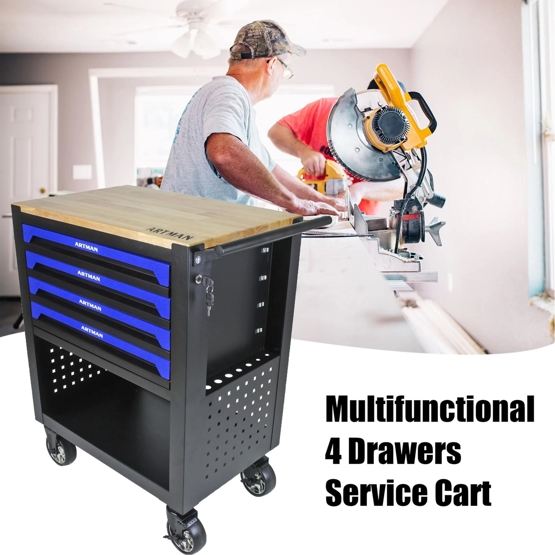 NIGSQJB 4 Drawers Tool Chest on Wheels, 35.4"H Tool Storage Cart with Wooden Top,Drawers Rolling Tool Box Organizer Tool Case with Lock for Garage,Warehouse,Workshop,Repair Shop, Blue Black