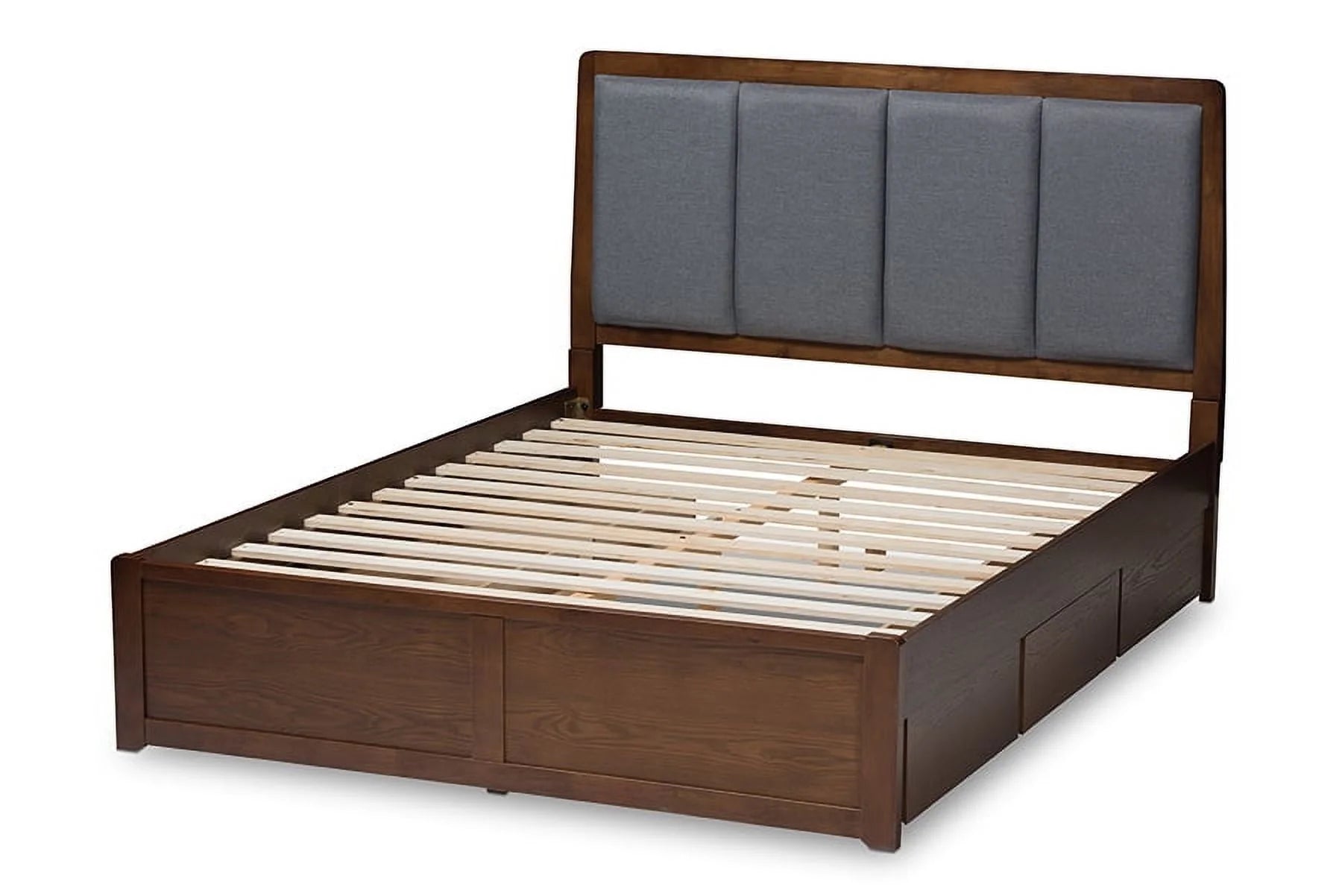 Baxton Studio Brannigan Modern and Contemporary Dark Grey Fabric Upholstered Walnut Finished Storage Platform Bed, Multiple Sizes