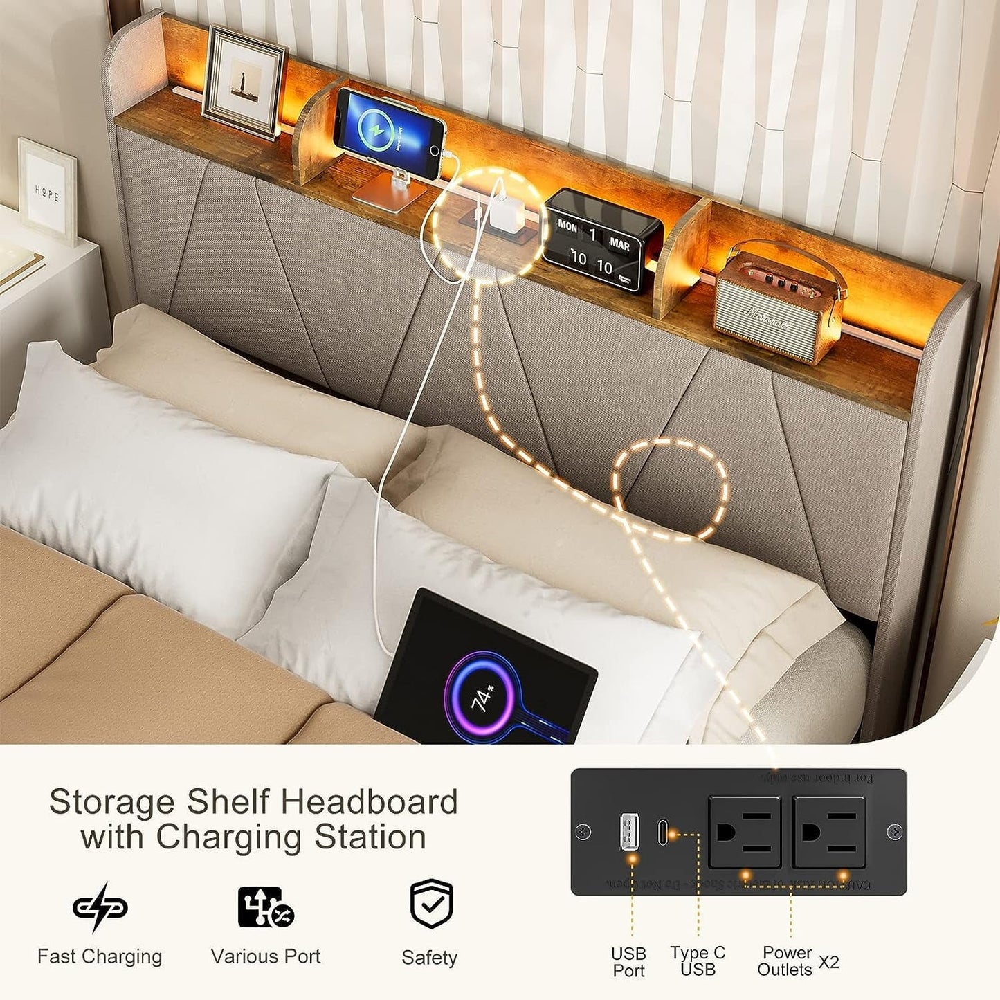 IKIFLY Queen Bed Frame with Charging Station & Storage Shelf Headboard, Upholstered LED Bed Frame with 2 Outlets and 2 USB Ports(1 Type C), Solid Wood Slats, No Box Spring Needed - Light Brown