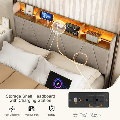 IKIFLY Queen Bed Frame with Charging Station & Storage Shelf Headboard, Upholstered LED Bed Frame with 2 Outlets and 2 USB Ports(1 Type C), Solid Wood Slats, No Box Spring Needed - Light Brown