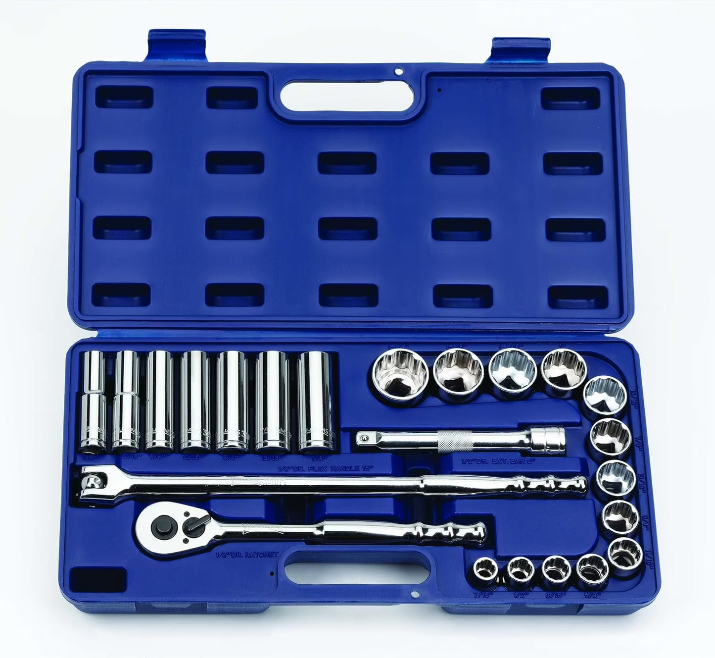 23pc 1/2" Drive 12-Point 1/2" to 7/8" Deep & 7/16" to 1-1/4" Shallow SUPERTORQUE Chrome Sockets & Drive Tools Set In A Packed In A Compact HDPE Carrying Case. Williams # JHW50668