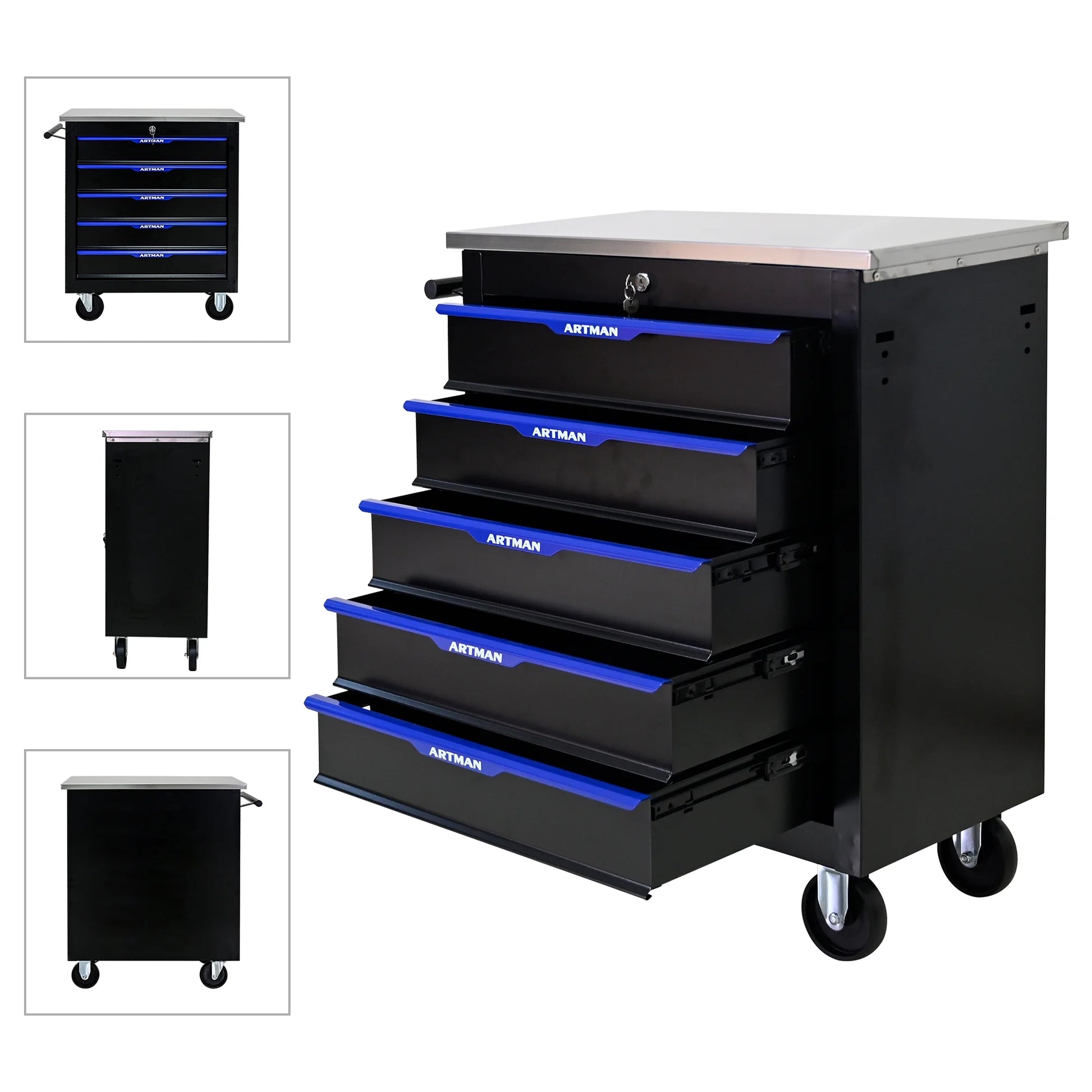 Olurrisa Rolling Steel Tool Chest, 5-Drawer Tool Storage Cabinet with Hanging Holes, Central Keyed Locking System, Lockable Wheels, Tool Organizer Box for Garage & Repair Shop