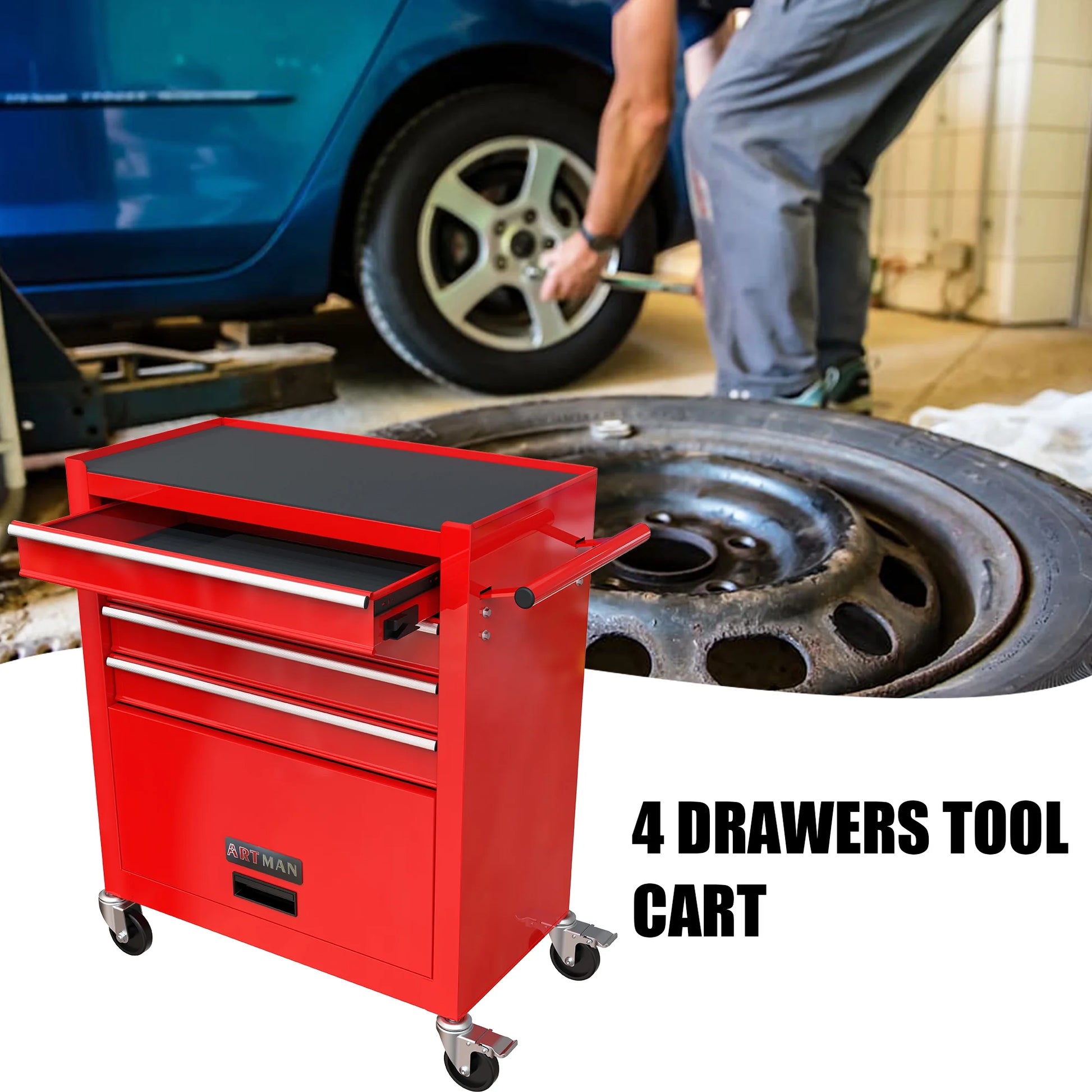 4 Drawers Multifunctional Tool Cart with Wheel Steel Tool Chest Storage Cabinet