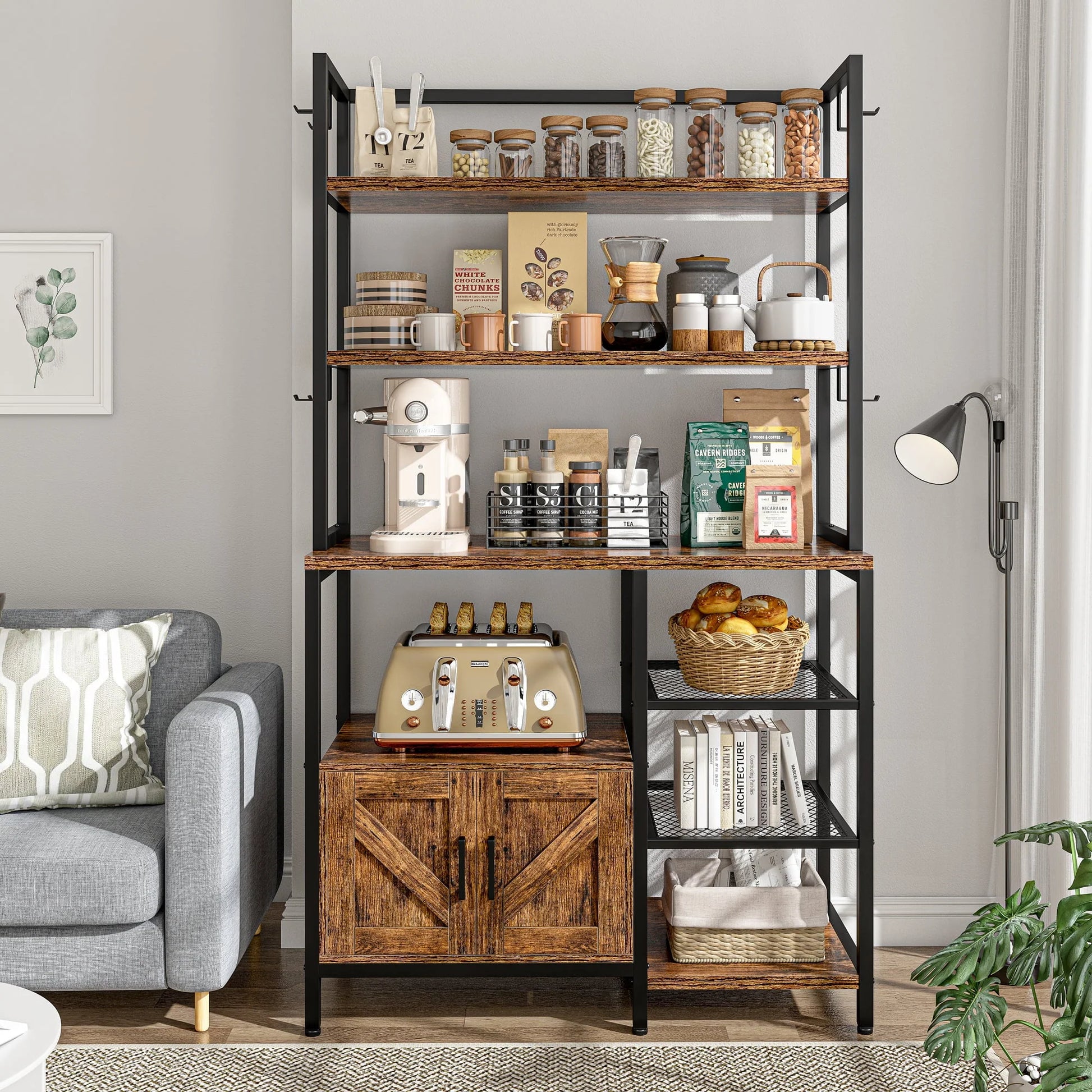 EnHomee 6 Tier Kitchen Bakers Rack Microwave Oven Stand with Storage Coffee Bar with Shelves Cabinet Hooks, 29.5" W * 13.9" D * 63" H Rustic Brown