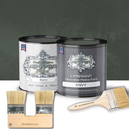 ALL-IN-ONE Limewash Paint, 2 Quart Paint Bundle and Tool Kit - Faux Lime Wash Effect, Matte Suede Wall Treatment - Haven (heathered, muted blue)