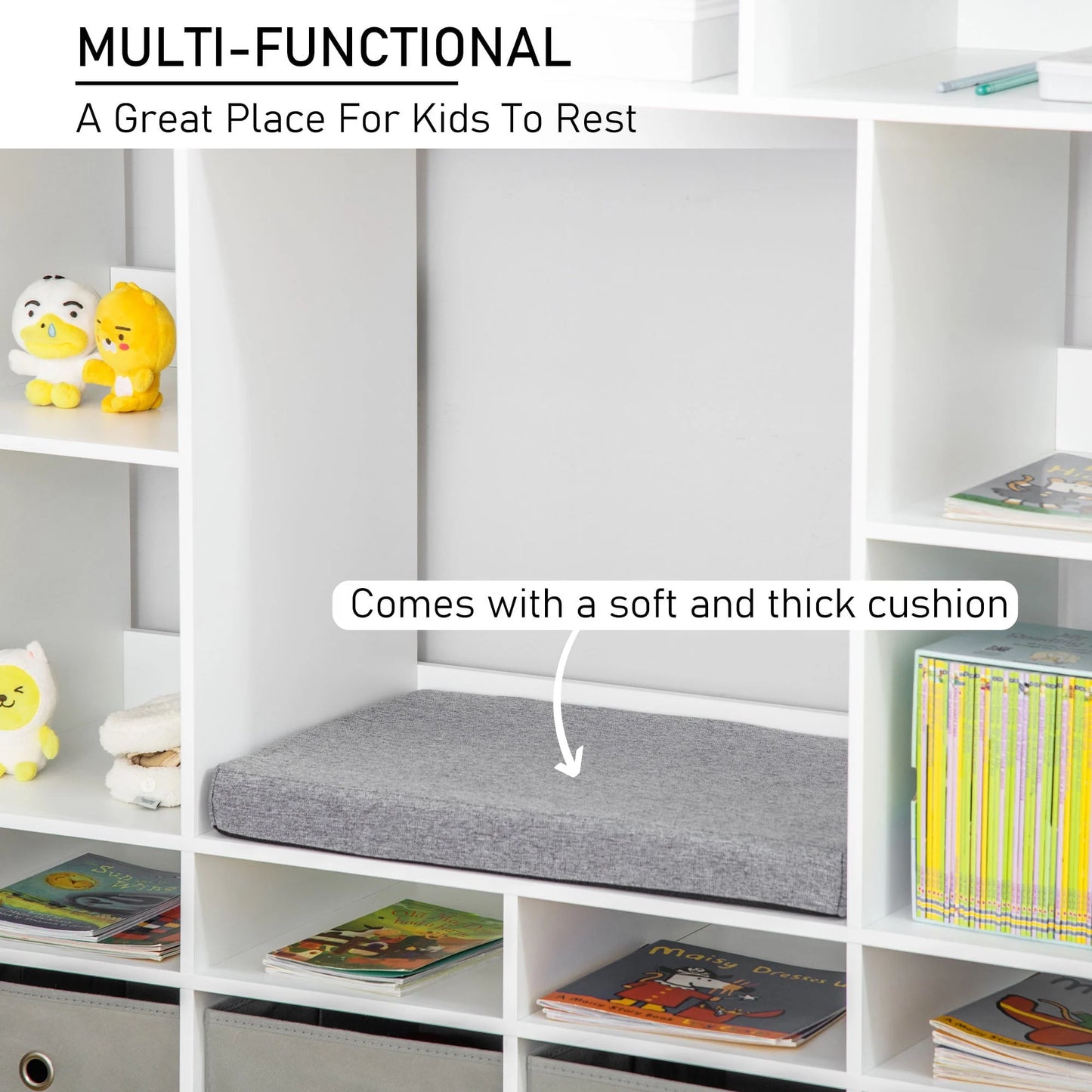 HOMCOM 47" Kids Reading Nook Bookshelf Storage Organizer Toy Cabinet Seat, White