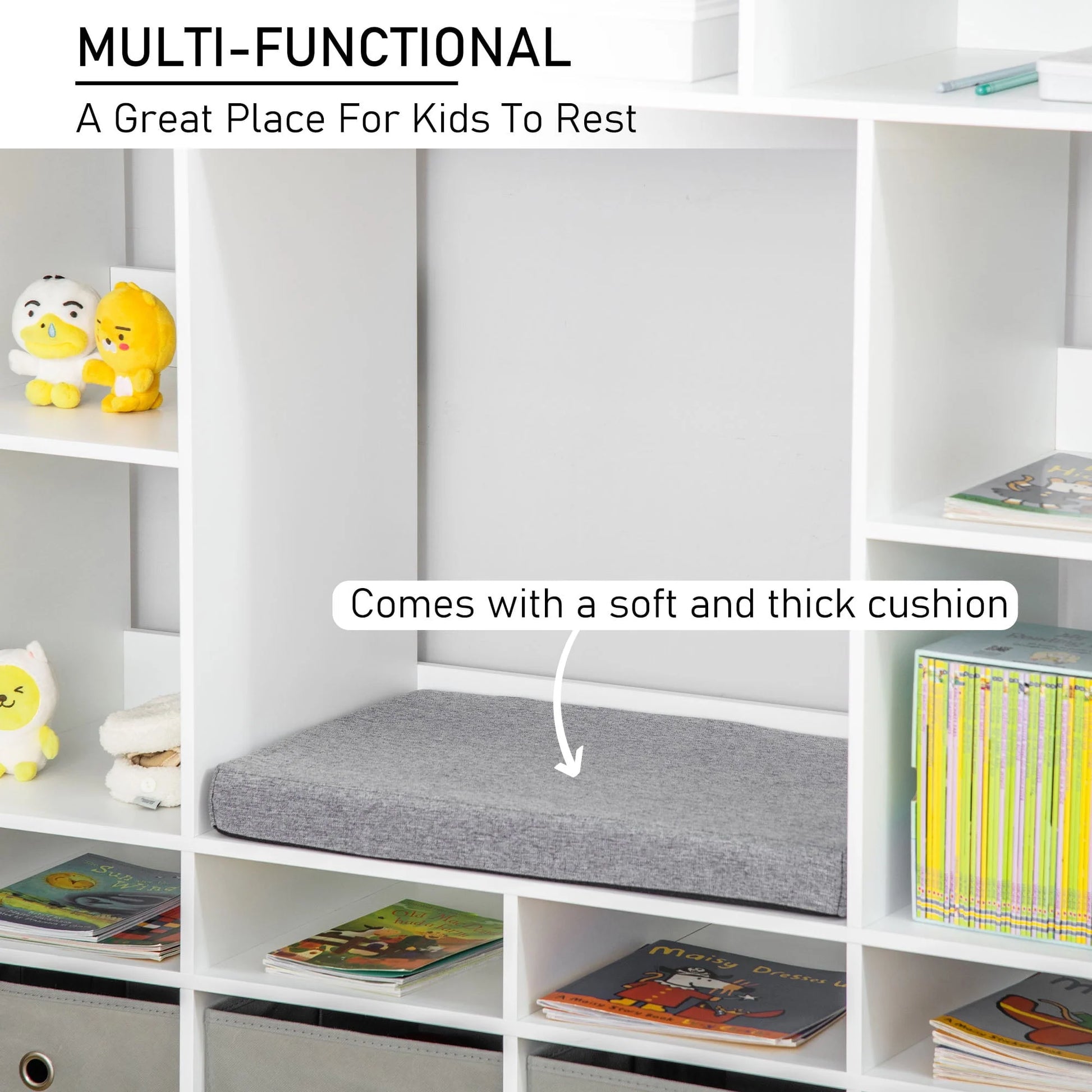 HOMCOM 47" Kids Reading Nook Bookshelf Storage Organizer Toy Cabinet Seat, White