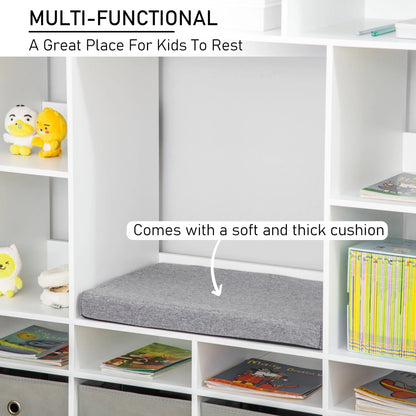 HOMCOM 47" Kids Reading Nook Bookshelf Storage Organizer Toy Cabinet Seat, White