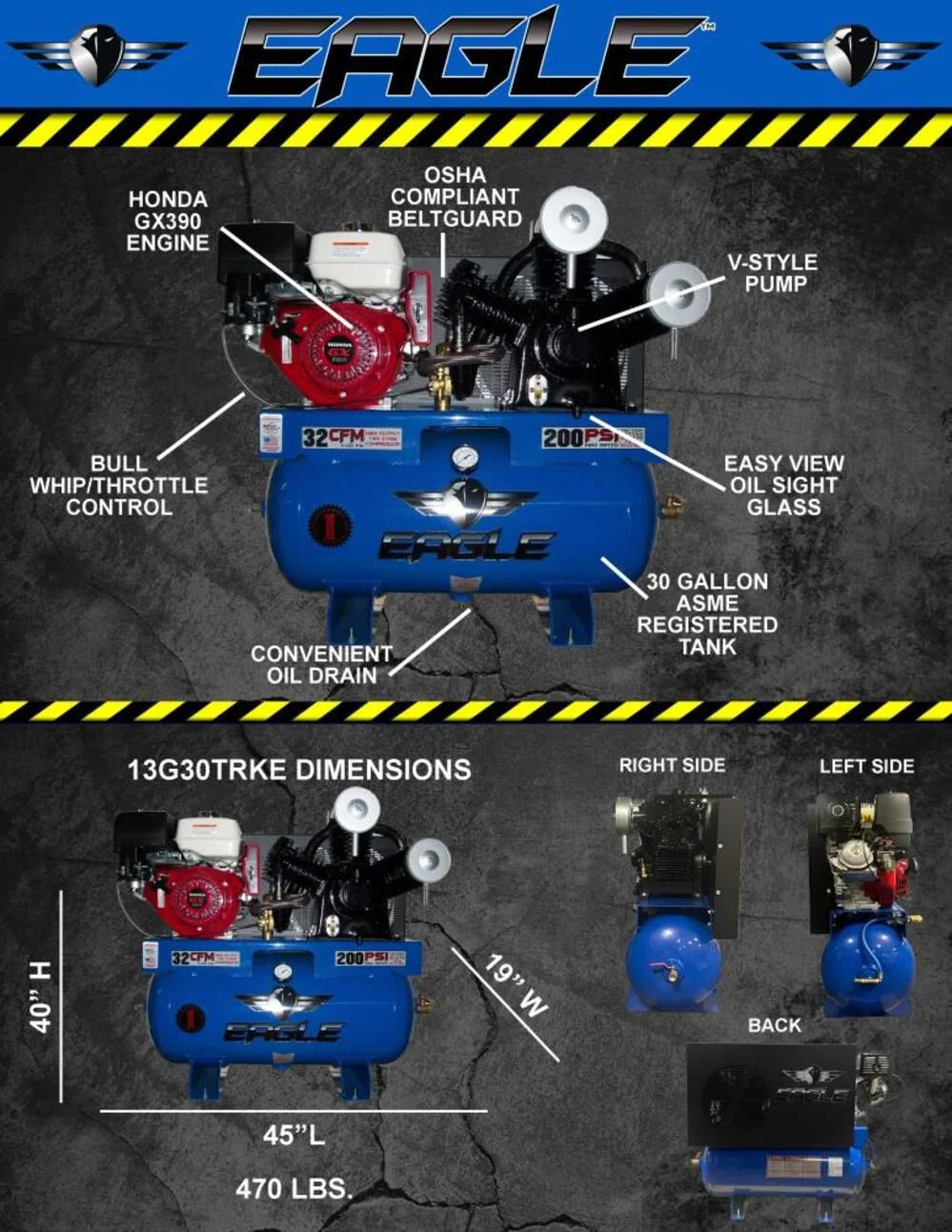 Eagle Compressor 30 Gallon Stationary Gas Air Compressor
