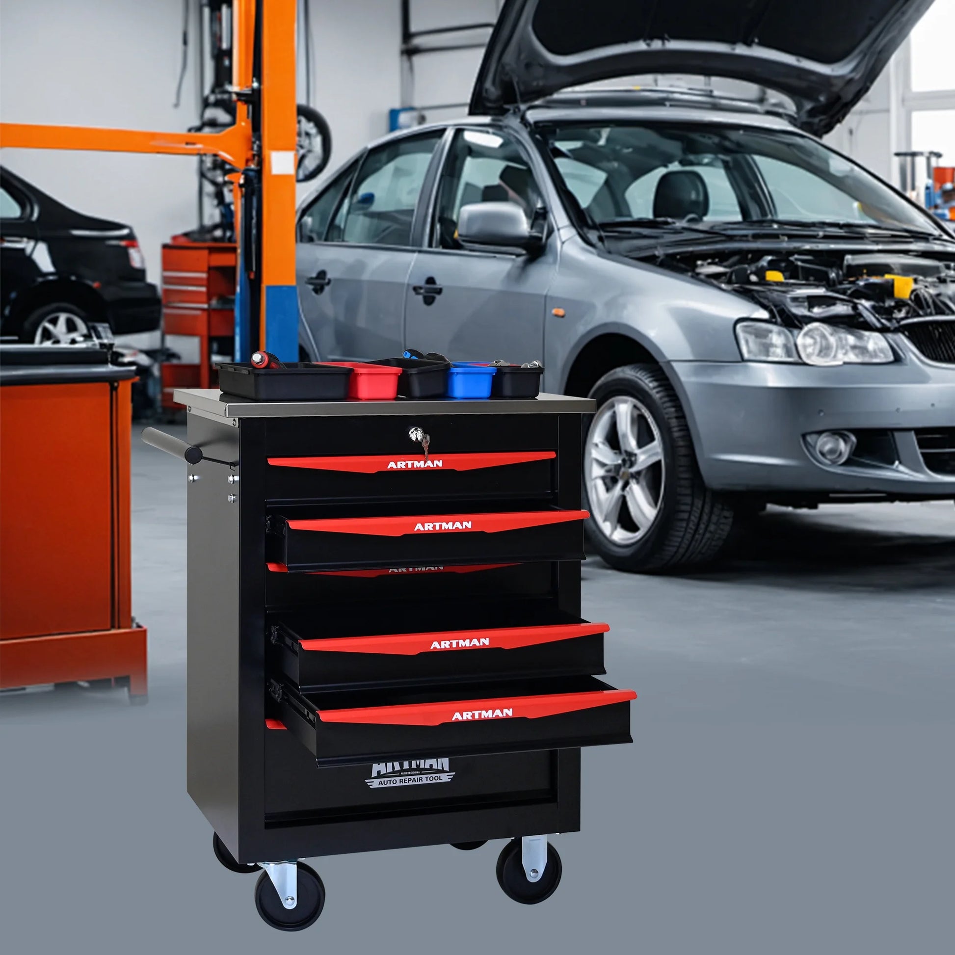 ARTMAN 6 Drawers Metal Rolling Storage Tool Chest Cabinet Cart with Wheels,with Key Locking and Parking Brake, Tool Box for Garage Workshop Warehouse