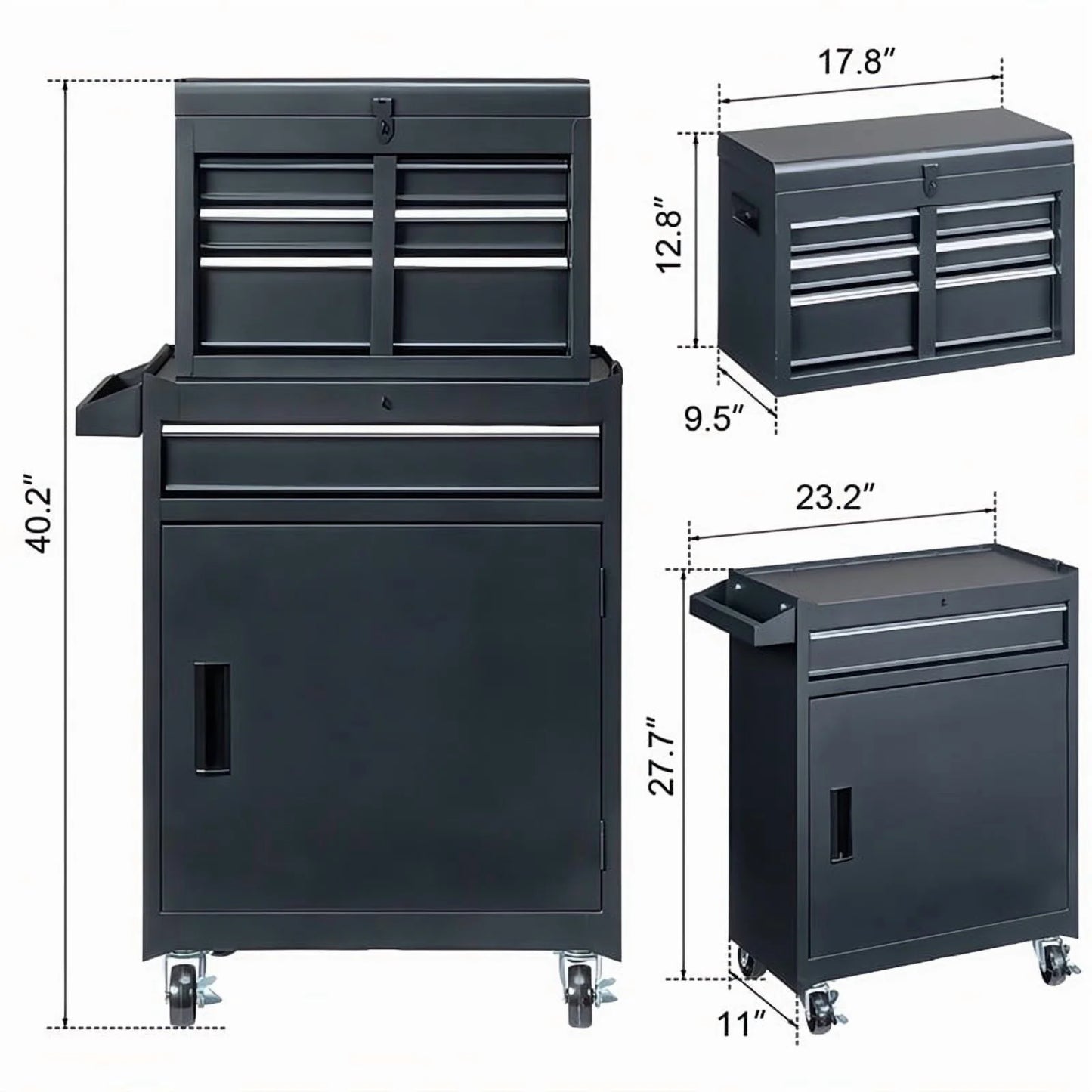 Gundir 4-Drawer Rolling Tool Chest with Lockable Wheels, 2 in 1 Storage Cabinet and Detachable Top Box for Garage Workshop Automotive Repair, Black