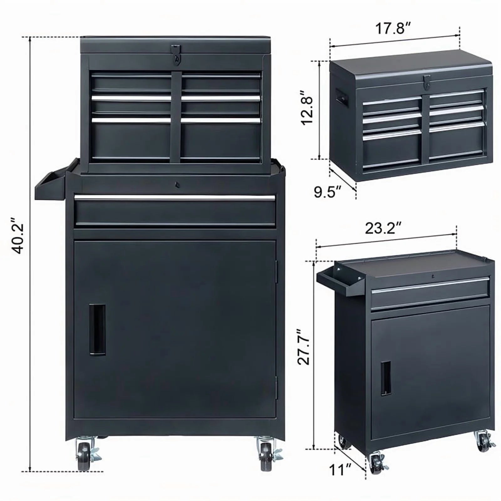 Gundir 4-Drawer Rolling Tool Chest with Lockable Wheels, 2 in 1 Storage Cabinet and Detachable Top Box for Garage Workshop Automotive Repair, Black
