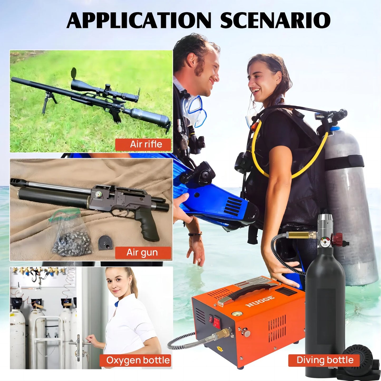 NUOGE Pcp Air Compressor,4500Psi 30Mpa Powered by Car 12V DC or Home 110V AC W/Converter