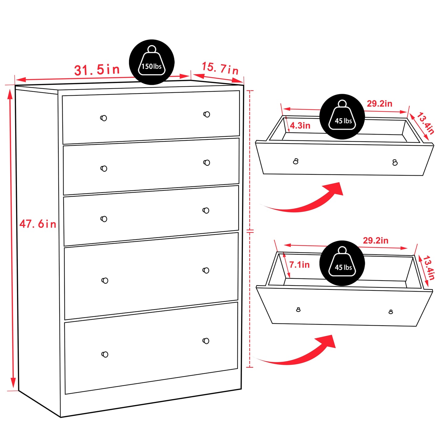VEIKOUS 5-Drawer Dresser Chest of Oversized Natutal Wood Dresser Cabinet for Storage, Black