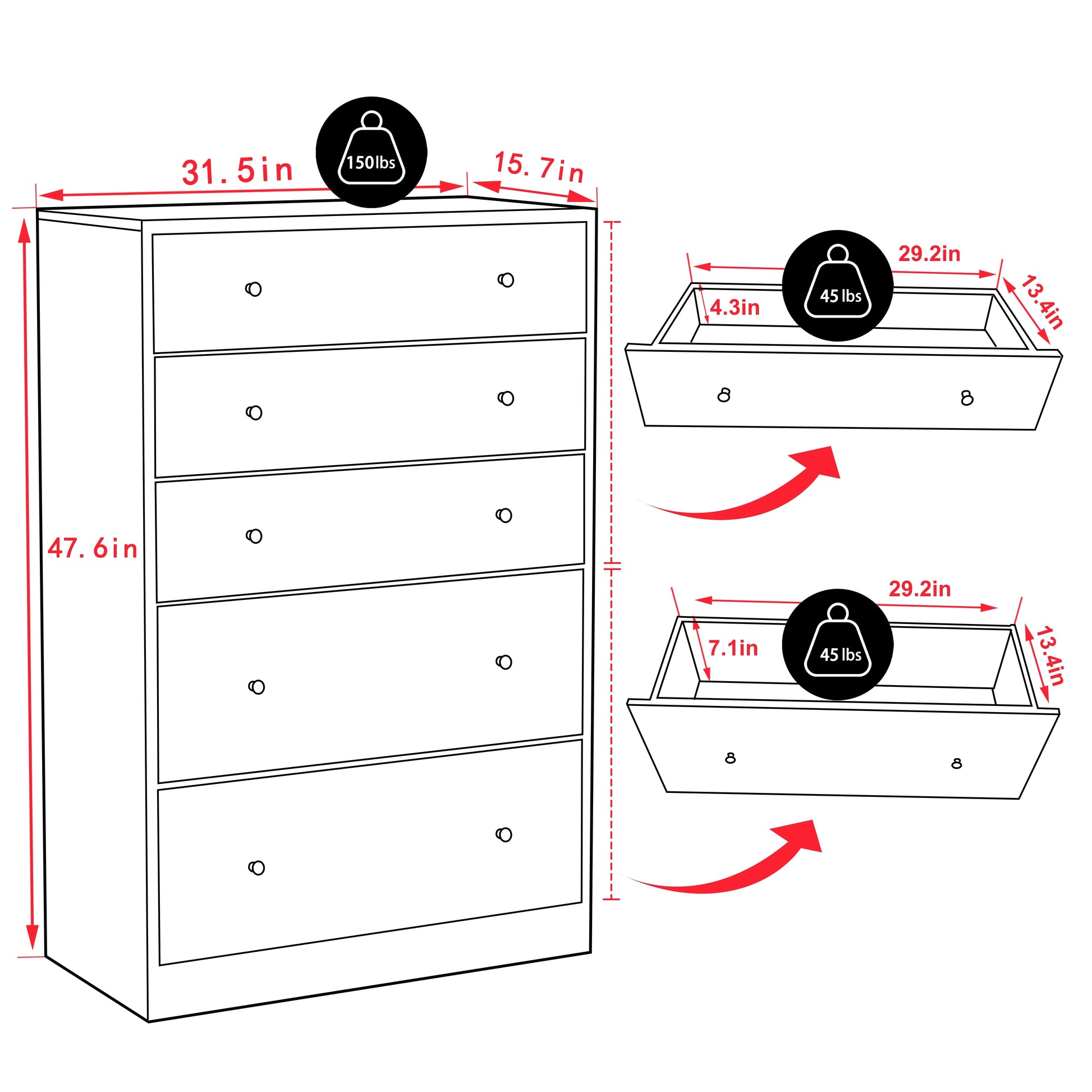 VEIKOUS 5-Drawer Dresser Chest of Oversized Natutal Wood Dresser Cabinet for Storage, Black