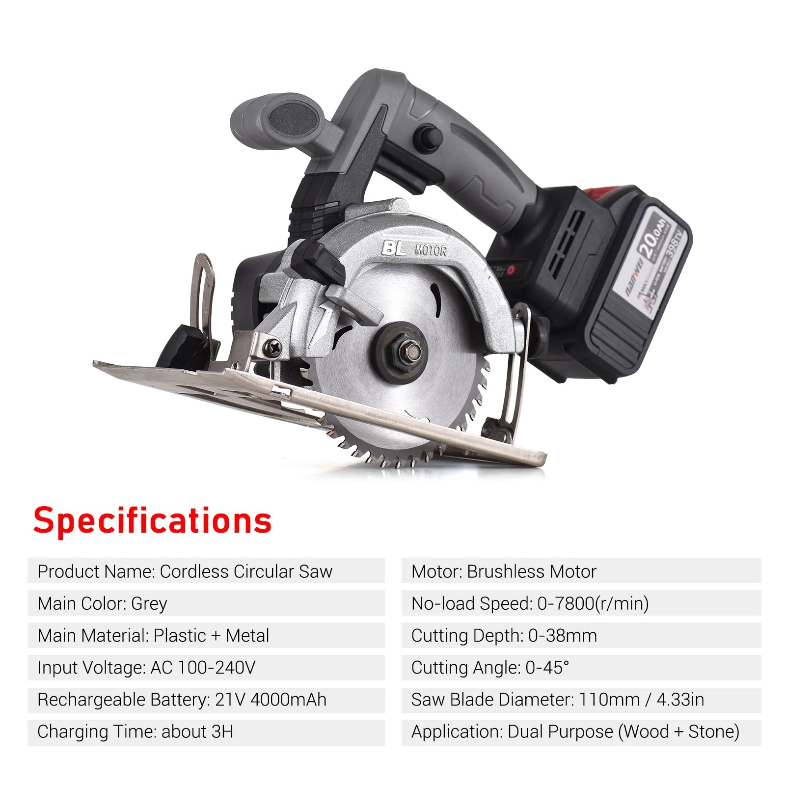 NANWEI Circular Saw Electric Saw 21V 7800RPM Cordless Brushless Tile Saw 45 Degree Adjustable Bevel Cutting with 110mm Blade