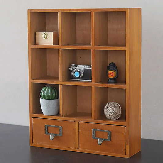 Miumaeov 9-Cube Display Shelf Wooden Bookcase Storage 2 Drawers Desktop Brown (33.3*10*42.5cm/13.1*3.9*16.7in)