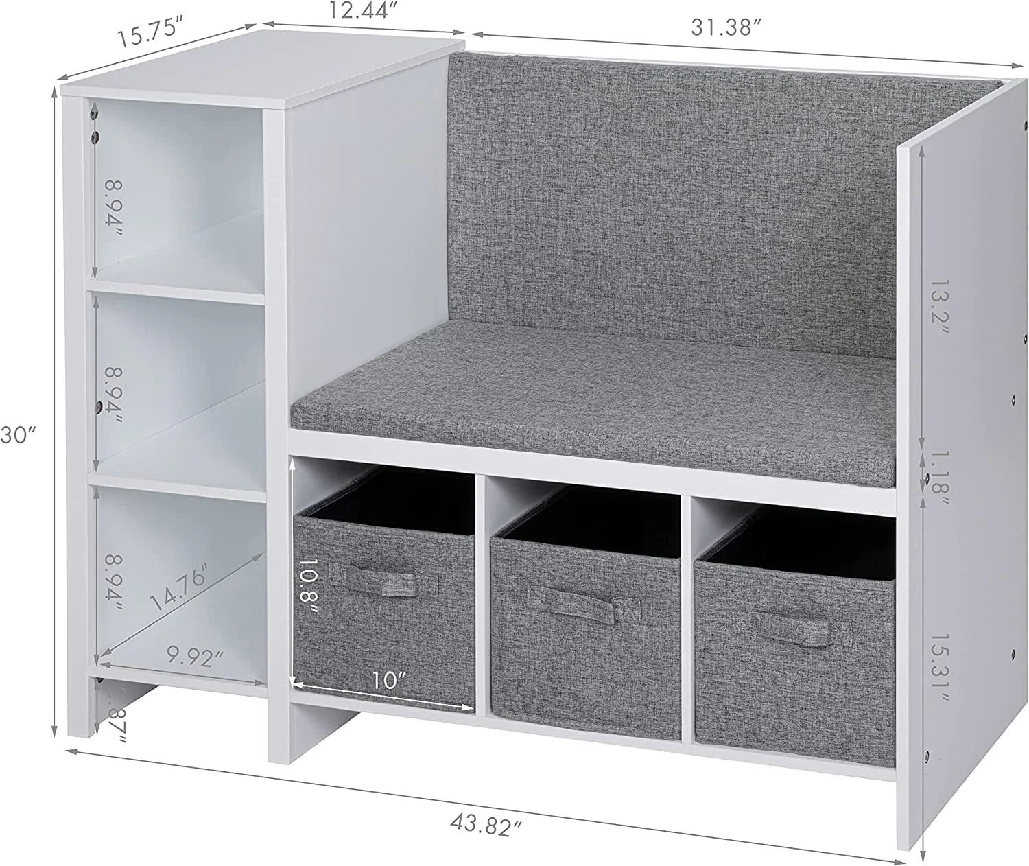UTEX Kids Bookcase with Reading Seat, 6-Cubby Kids Toy Storage Organizer with Bins, Kids Bookshelf and Storage for Boys and Girls, White