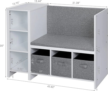 UTEX Kids Bookcase with Reading Seat, 6-Cubby Kids Toy Storage Organizer with Bins, Kids Bookshelf and Storage for Boys and Girls, White