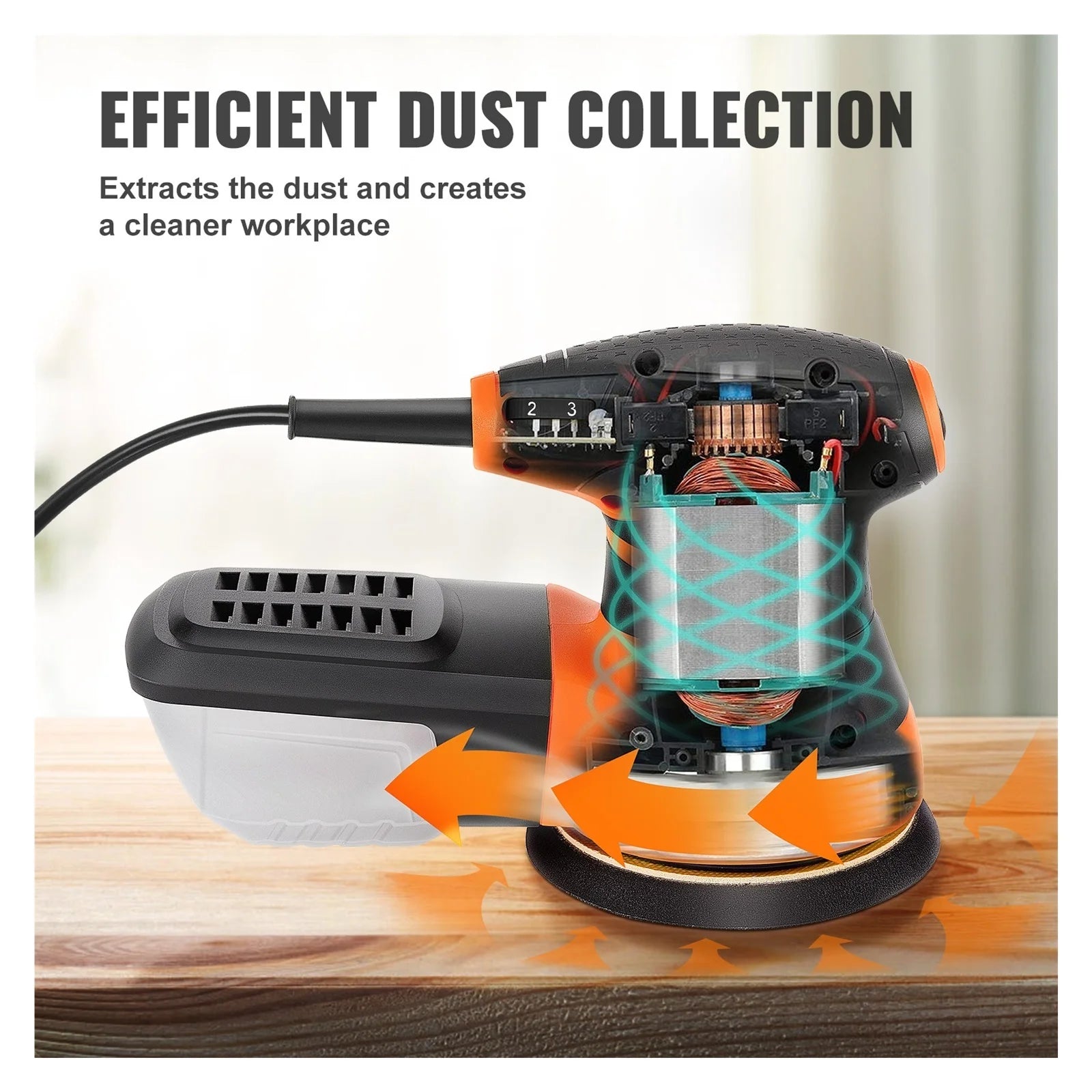 350W Random Orbit Sander 6 Speeds 13000 OPM 5" Palm Sander W/2pcs A-Level Hook-and-Loop Sanding Discs & Vacuum Connector ,High Efficiency