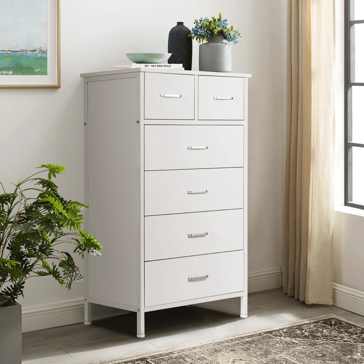 Chest of 6 Drawers, Drawer Dresser storage organizer for Bedroom, Living Room, Hallway, Nursery, Storage Cabinet Wooden Dresser with Steel Frame,White