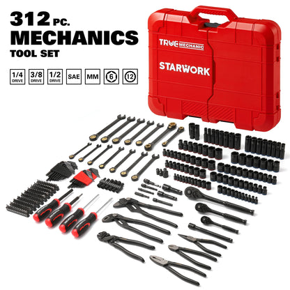 STARWORK TRUE MECHANIC 312-Piece Mechanics Tool Set and Socket Set, ProfessionalPliers Wrench Version SAE/Metric