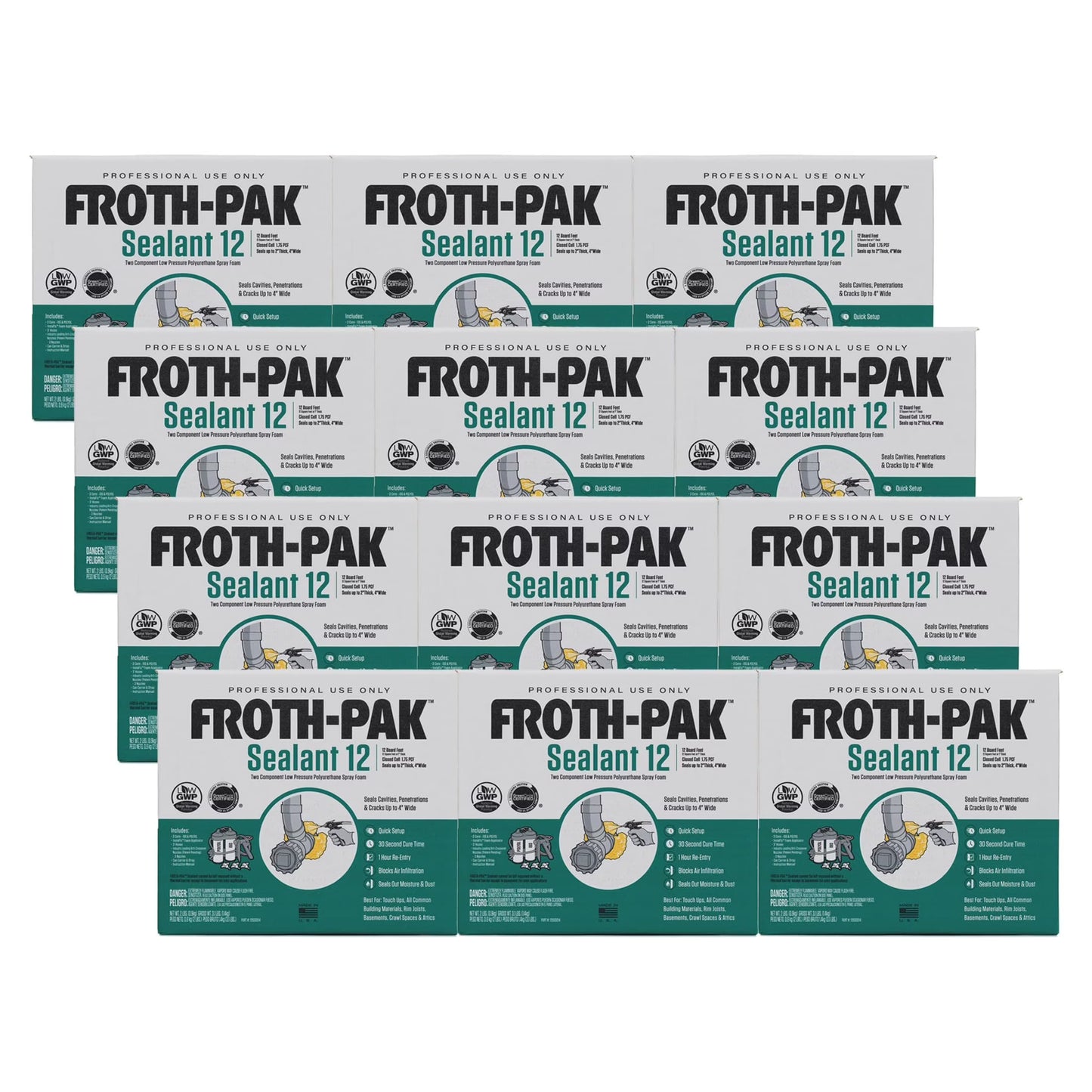 Froth-Pak 12 Spray Foam Sealant Kit, 3ft Hose, 4-Pack. Seals Cavities, Penetrations & Gaps. Yields Up to 12 Board ft. at 2 Thick, 4 Width. Two Component, Polyurethane, Closed Cell