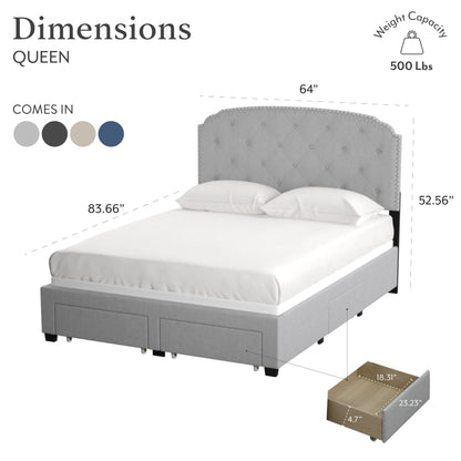 DG Casa Argo Tufted Upholstered Panel Bed Frame with Storage Drawers and Nailhead Trim Headboard, Queen Size Storage Bed in Charcoal Linen Style Fabric