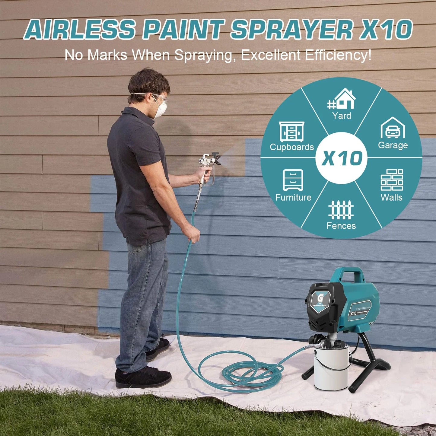 X10 Airless Paint Sprayer, Electric Paint Machine with Extension Pole and Cleaning Kits, 3300 PSI 750W, 0.32GPM Stand Paint Sprayer for DIY Painting Projects Home Interior & House Exterior