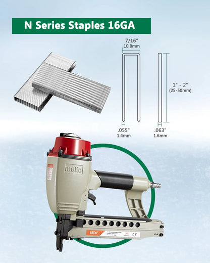 meite N851F Pneumatic Staple Gun 16 Gauge 7/16" Crown Sequential Nailing, Uses 16 GA 7/16-Inch Staples (1-Inch to 2-Inch)