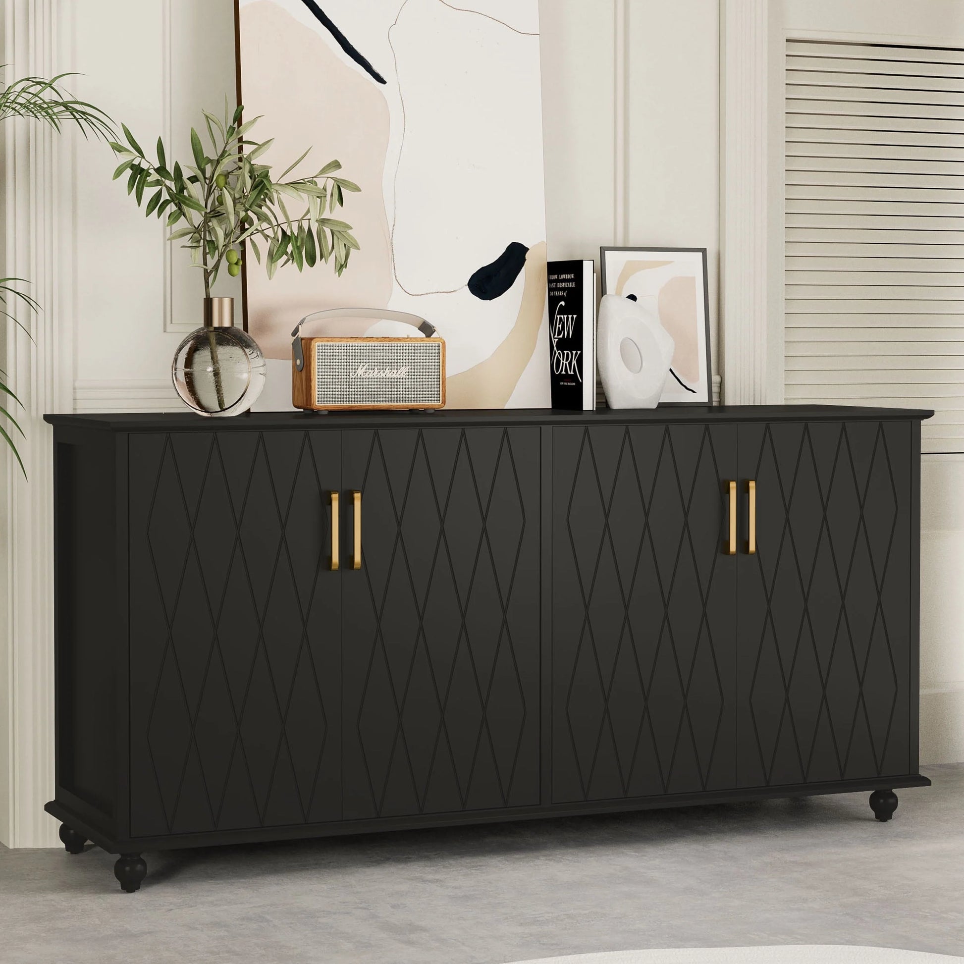 RULI Sideboard Buffet Cabinet Stand for Storage, 62 Inch Coffee Bar Cabinet with 4 Compartments, Kitchen Cupboard Console Table for Living Room, Dining Room, Black