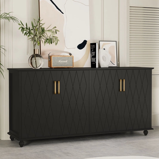 RULI Sideboard Buffet Cabinet Stand for Storage, 62 Inch Coffee Bar Cabinet with 4 Compartments, Kitchen Cupboard Console Table for Living Room, Dining Room, Black