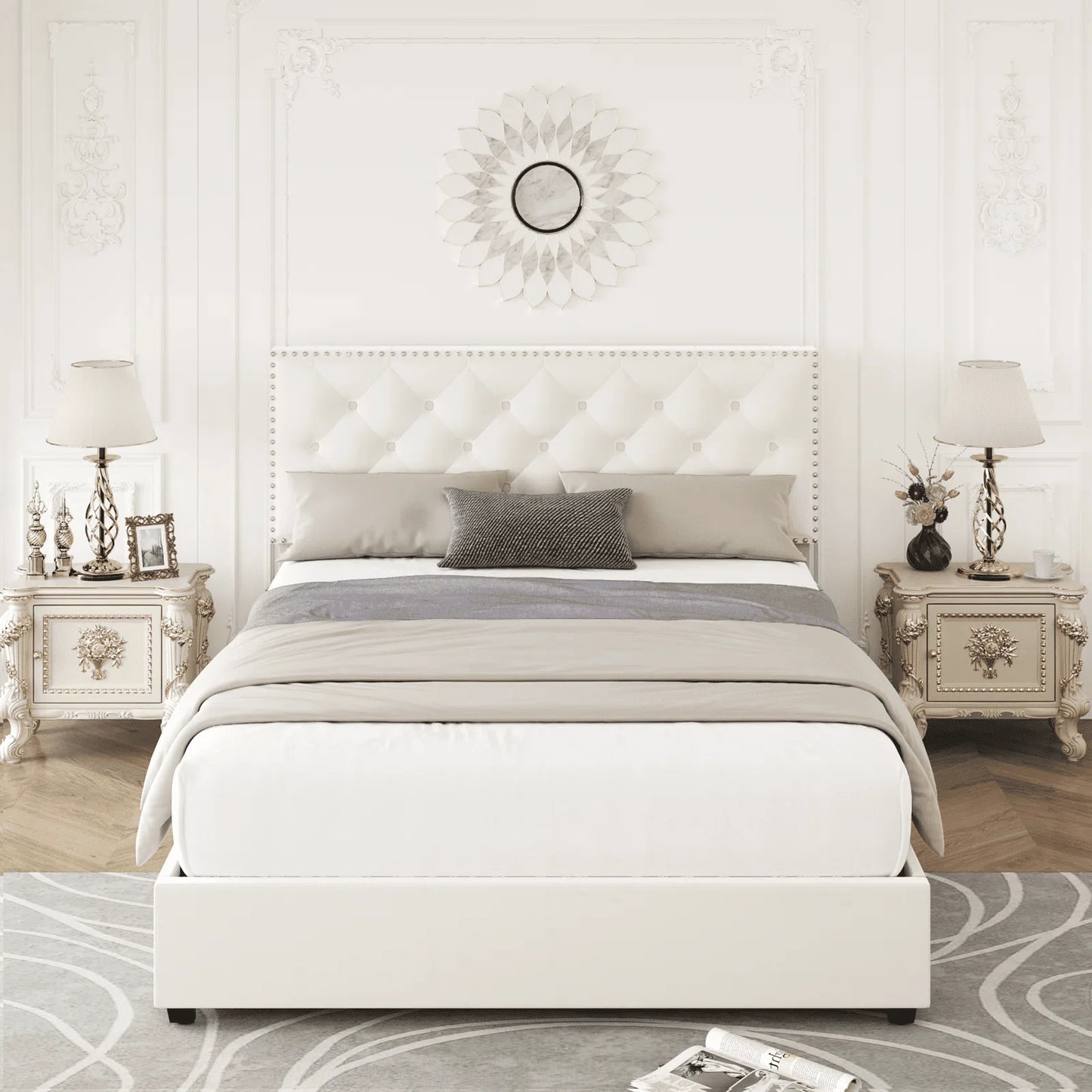 Homfa Queen Size Storage Bed with 4 Drawers, Button Tufted Upholstered Platform Bed Frame with Adjustable Headboard, Off-White