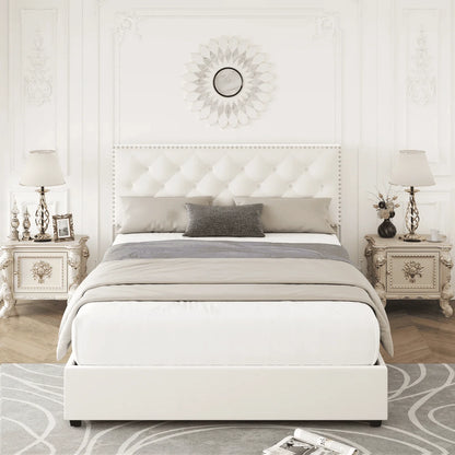 Homfa Queen Size Storage Bed with 4 Drawers, Button Tufted Upholstered Platform Bed Frame with Adjustable Headboard, Off-White