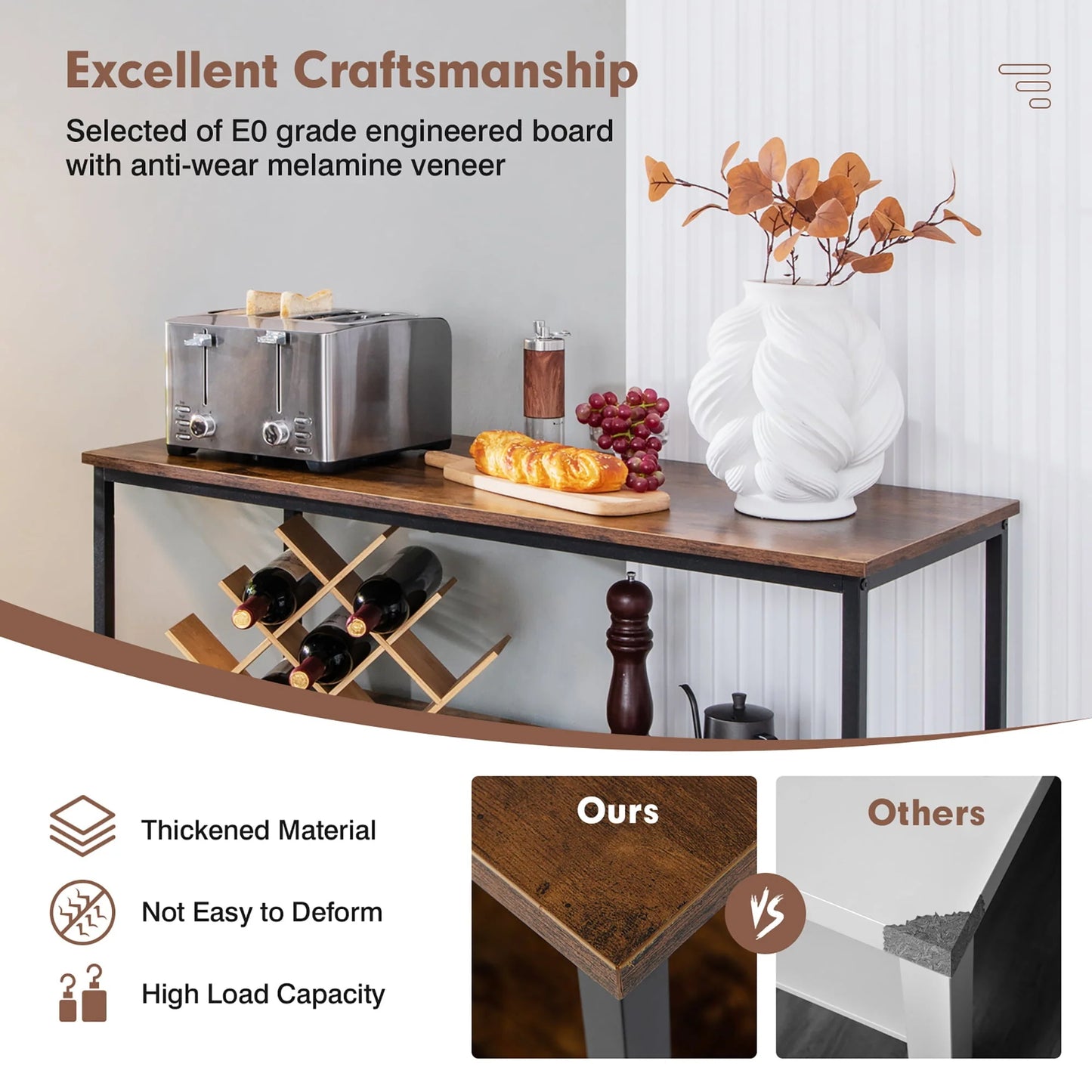 Costway Buffet Sideboard Kitchen Storage Cabinet Open Shelf w/3 Compartments Rustic
