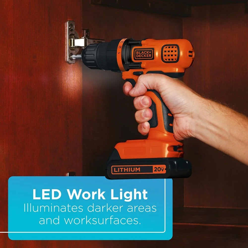 BLACK+DECKER 20V Cordless Drill and Driver, 1.5Ah, Lithium Ion Battery and Charger Included