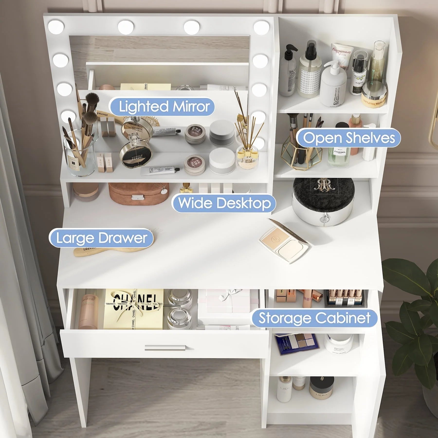 Palimder Vanity Desk, Large Drawer & 3 Level Storage Dresser, Bedroom Dressing Table White
