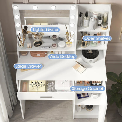 Palimder Vanity Desk, Large Drawer & 3 Level Storage Dresser, Bedroom Dressing Table White