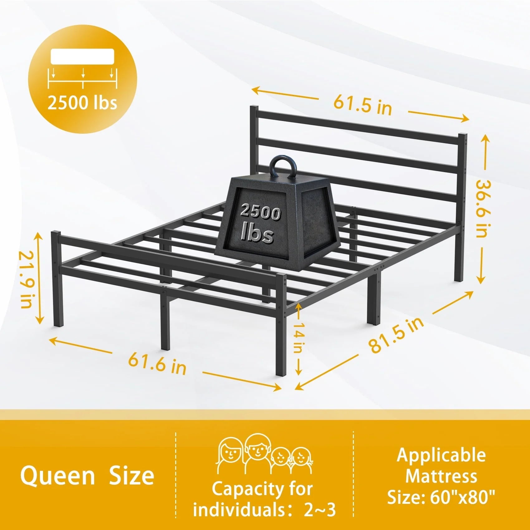 Mr IRONSTONE Heavy Duty Queen Size Metal Platform Bed Frame with Headboard and Footboard 14" High Under Bed Storage Space, No Box Spring Needed, Black