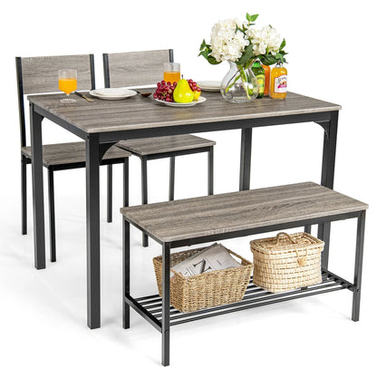 Gymax 4pcs Dining Table Set Rustic Desk 2 Chairs & Bench w/Storage Rack Grey