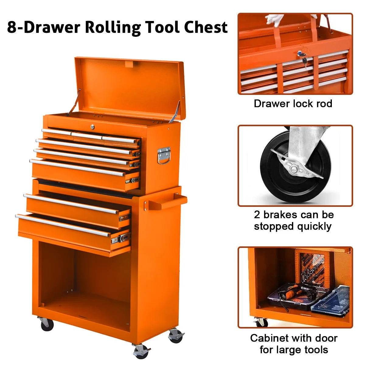 8-Drawer Tool Chest with Wheels, Tool Storage Cabinet and Tool Box, Lockable Rolling Tool Chest with Drawers, Toolbox Organizer for Garage Warehouse Workshop (Orange)