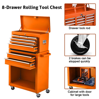 8-Drawer Tool Chest with Wheels, Tool Storage Cabinet and Tool Box, Lockable Rolling Tool Chest with Drawers, Toolbox Organizer for Garage Warehouse Workshop (Orange)